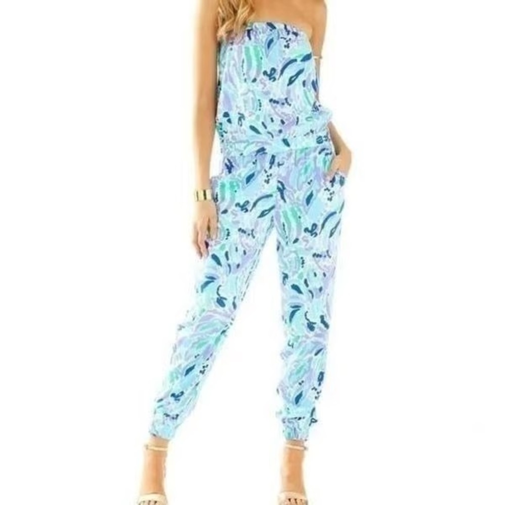 Lilly Pulitzer Strapless Printed Jumpsuit in Aqua, Mint, Light Blue